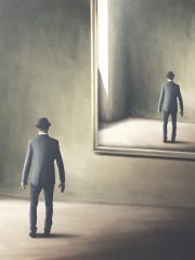 illustration of man reflecting himself in the mirror, loop surreal concept