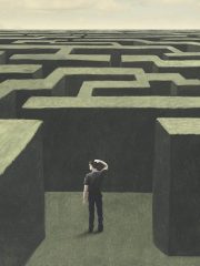 Painting of a man scratching his head while looking into a large green maze.