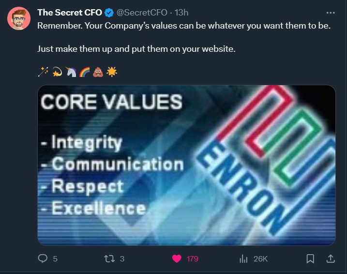Screenshot of Twitter post from The Secret CFO about core values.