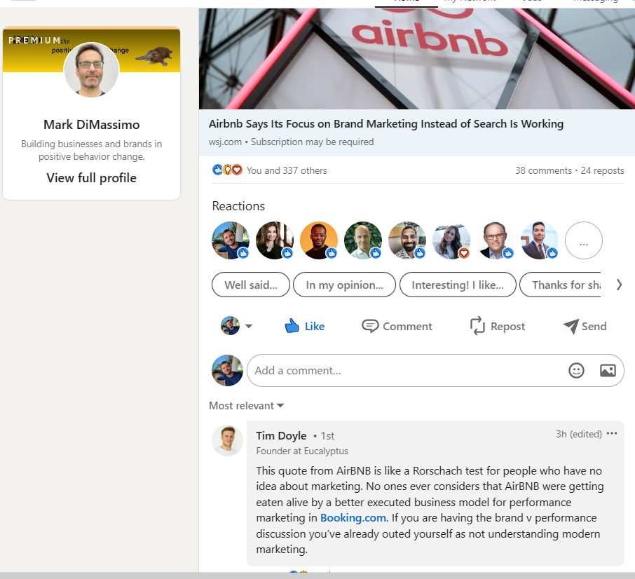 Screenshot of a LinkedIn post about Airbnb focusing on brand marketing and a comment from Tim Doyle.