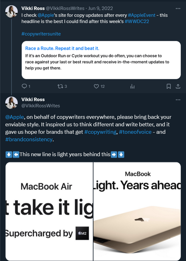 Screenshot of Twitter/X post about Apple's new approach to copywriting